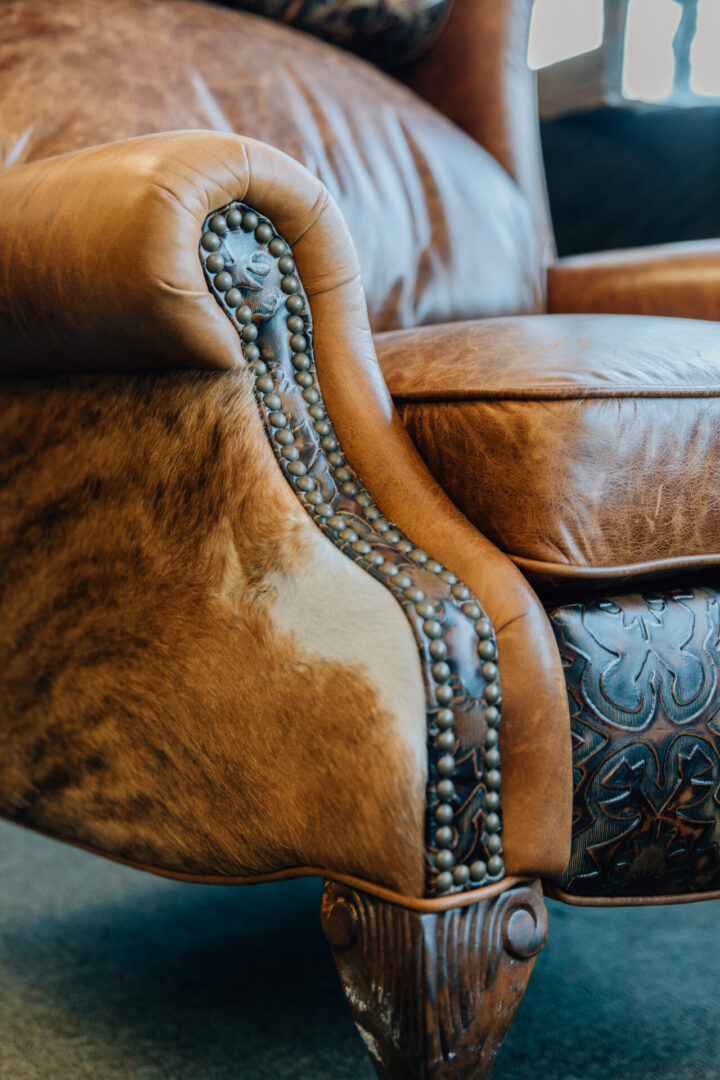 Closeup of the arm of the Cowhide leather chair